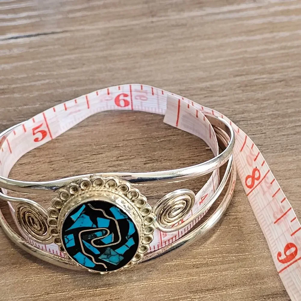 Vintage Alpaca Silver & Turquoise Inlay Swirling Cuff Bracelet from Mexico